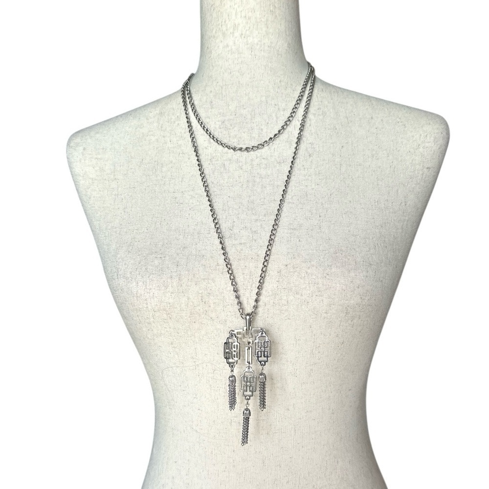 Art Deco Geometric Silver-Tone Layered Necklace Repurposed Vintage Jewelry